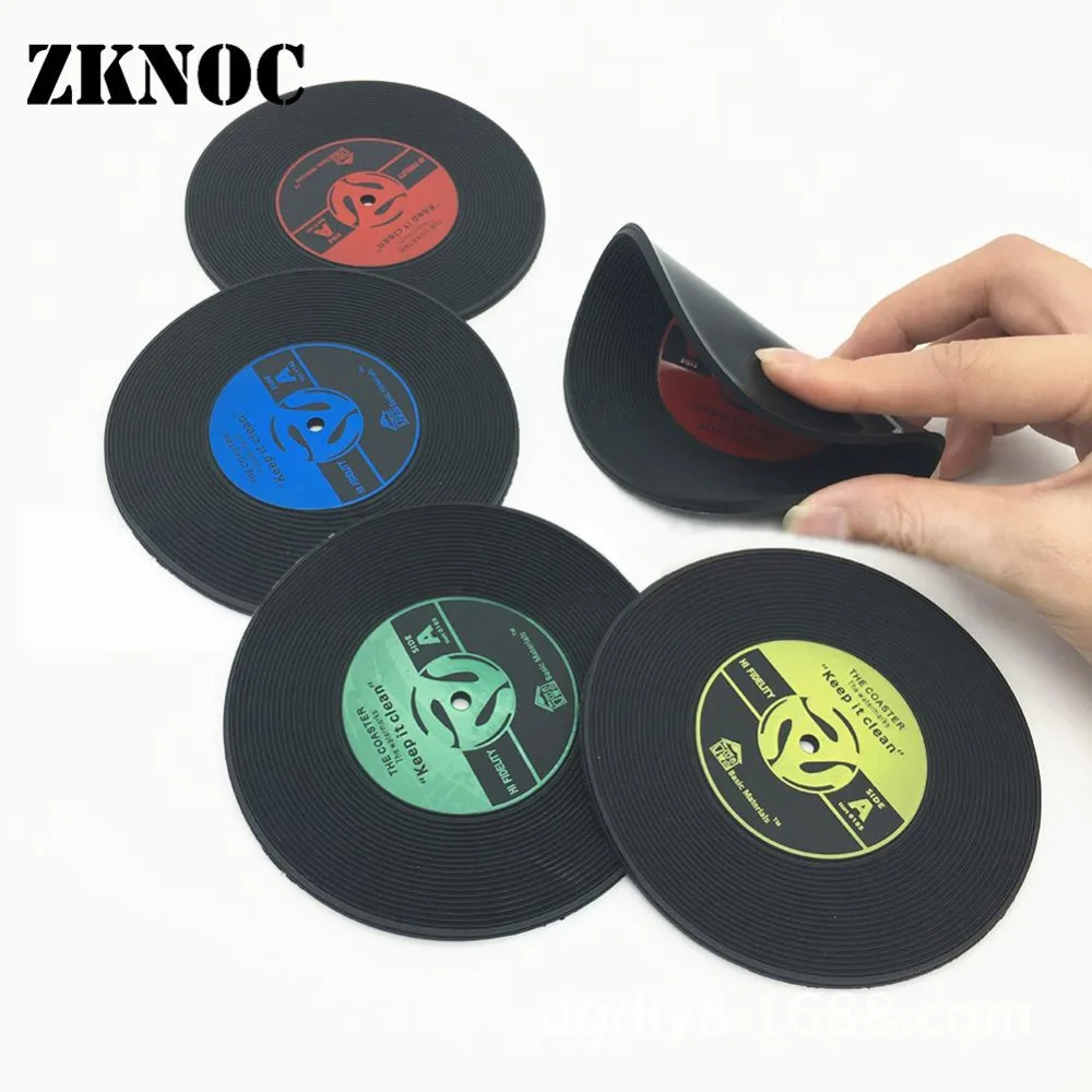 4Pcs/set Black Vinyl Record Coaster Table Cup Mat Plastic Retro Mug Coaster Pad Coffee Hot Drink Holder Home Placemat Decor