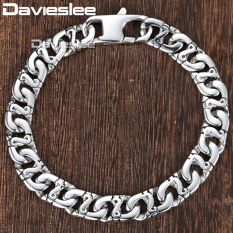 Davieslee Men\'s Bracelet Mariner Biker Link Chain Silver Color 316L Stainless Steel Wristband Male Jewelry 9mm DHB19