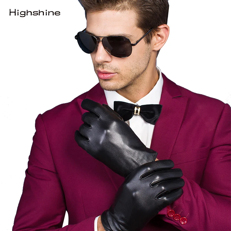 Guantes de piel de oveja auténtica para hombre, guantes negros con botón para pantalla táctil, marca de moda, de cuero cálido para invierno