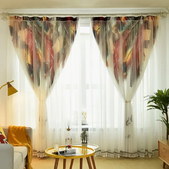 Elegant Double Curtain Tulle Cloth Curtains for Living Room Bedroom Kitchen Feather Print Voile Sheer Curtains for Window Tulle