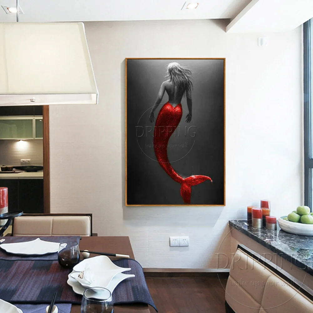 Artist Hand-painted High Quality Mermaid Oil Painting on Canvas Beautiful Mermaid with Red Dress Tail Oil Painting for Salon