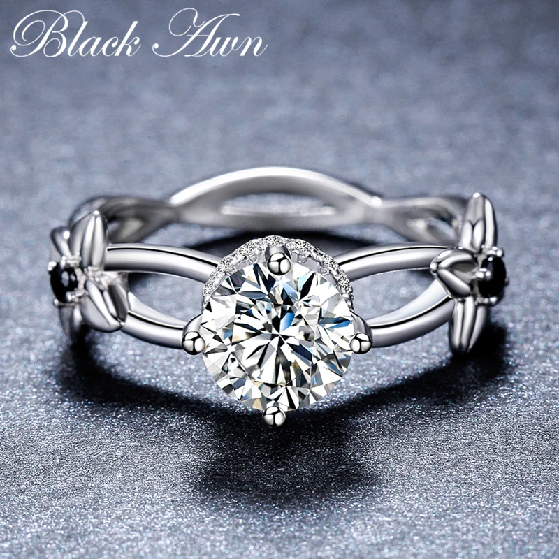 2024 New Romantic Silver Color fashion jewelry Engagement Black Spinel Flower Engagement  Ring for Women Anillos Mujer G083