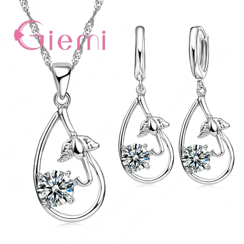 

Cheap Price Drop Shape Jewelry Set For Women Real 925 Silver Accessories Shiny Pendant Necklace Hoop Earrings Promotion