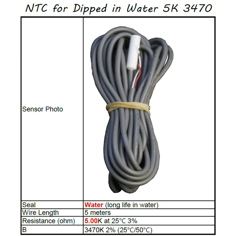 NTC temperature sensor, for dipped in water, 5.00K ohm at 25C, B=3470K (25C/50C), Wire length 5 meter, Lilytech