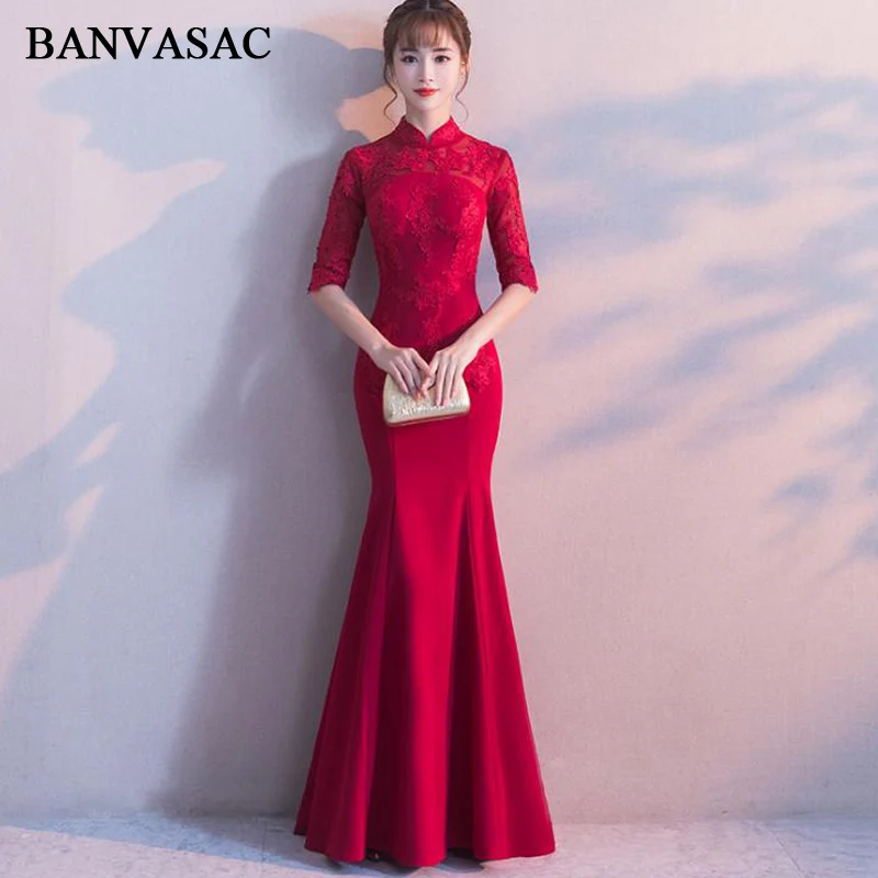 

BANVASAC 2018 Vintage High Neck Lace Appliques Mermaid Long Evening Dresses Party Half Sleeve Zipper Back Prom Gowns