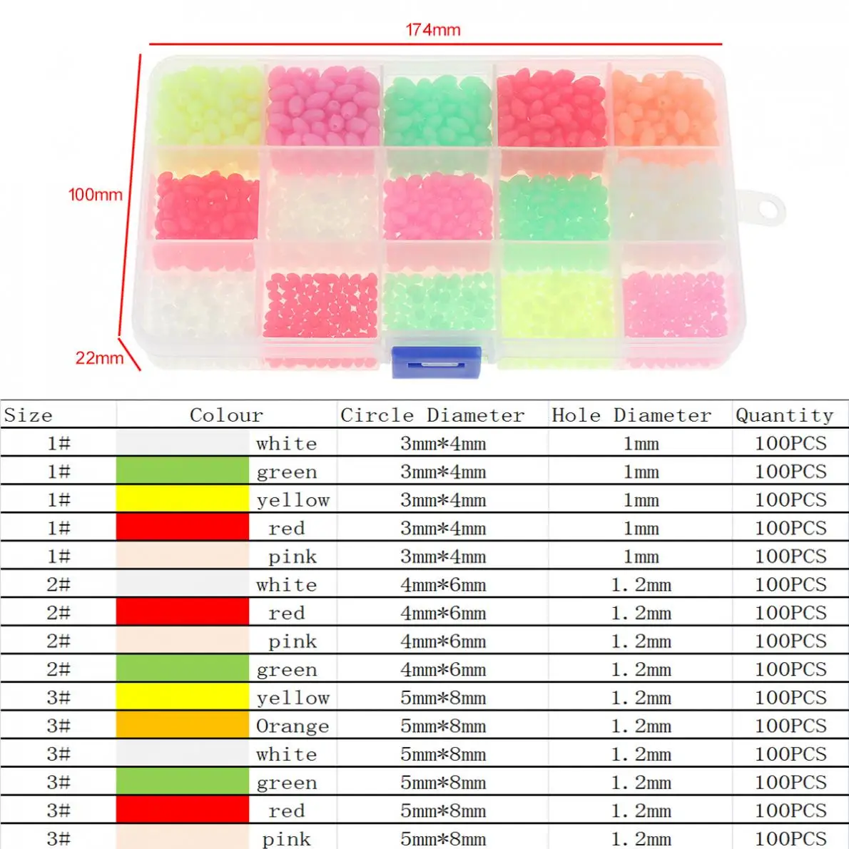 1500pcs Colorful Oval Hard Luminous Fishing Beads 3 x 4mm 4 x 6mm 5 x 8mm 3 Sizes Mixed Sea Fishing Lure Floating Float with Box