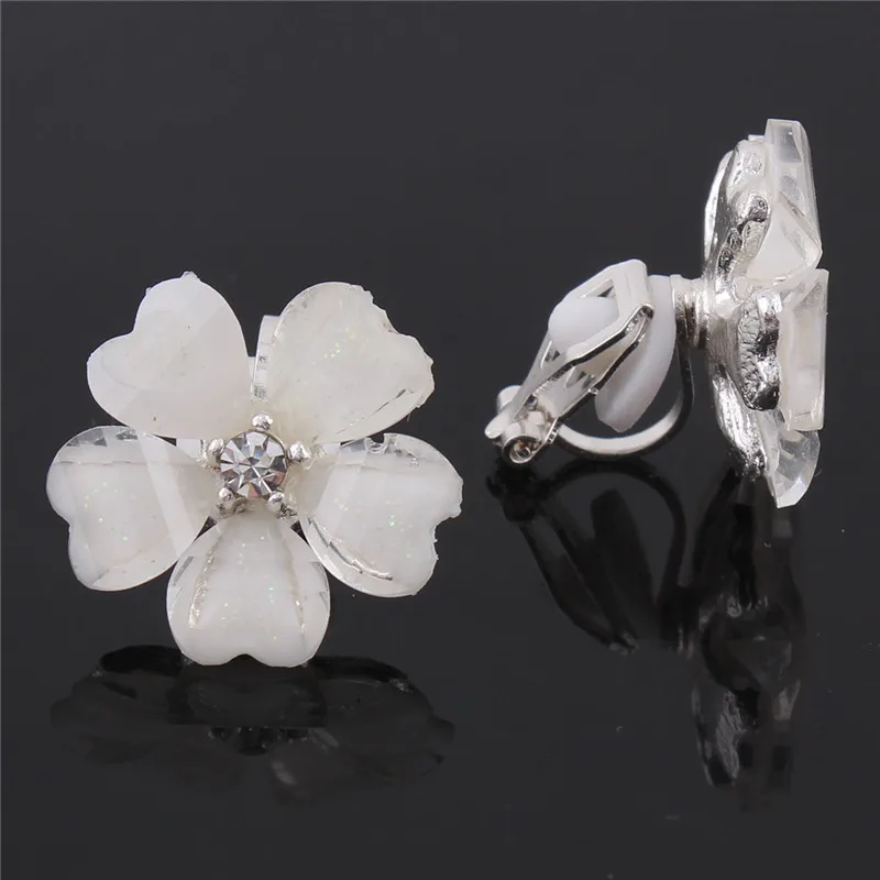 Grace Jun  Korea Style Flower Shape Opal Clip on Earrings Without Piercing for Girls Party Wedding Charm Earrings Anti-allergy