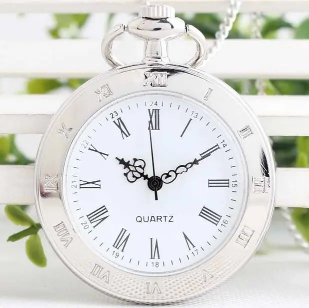 

silver Roman numerals Fashion quartz Good quality steampunk pendant Necklace pocket watches and fob chain gift