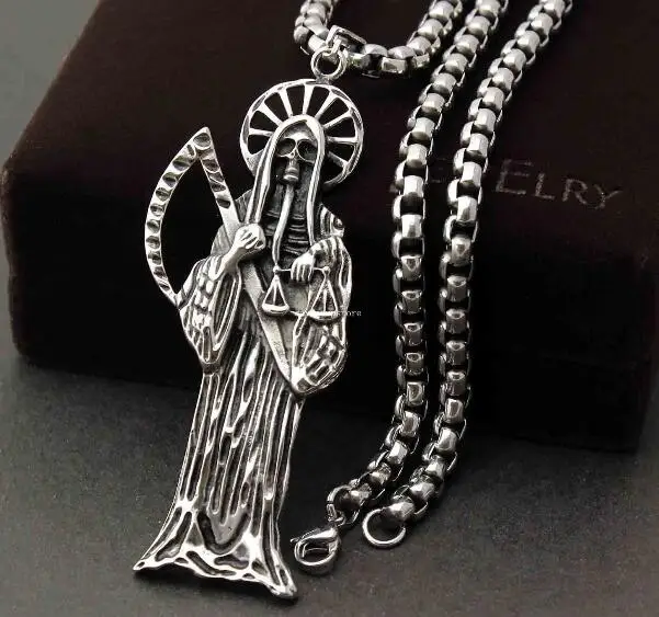 Fate love Jewelry High Quality Holy Saint Death Santa Muerte Skull Delicate Pendant Stainless steel Rolo Chian Necklace 24\'\'