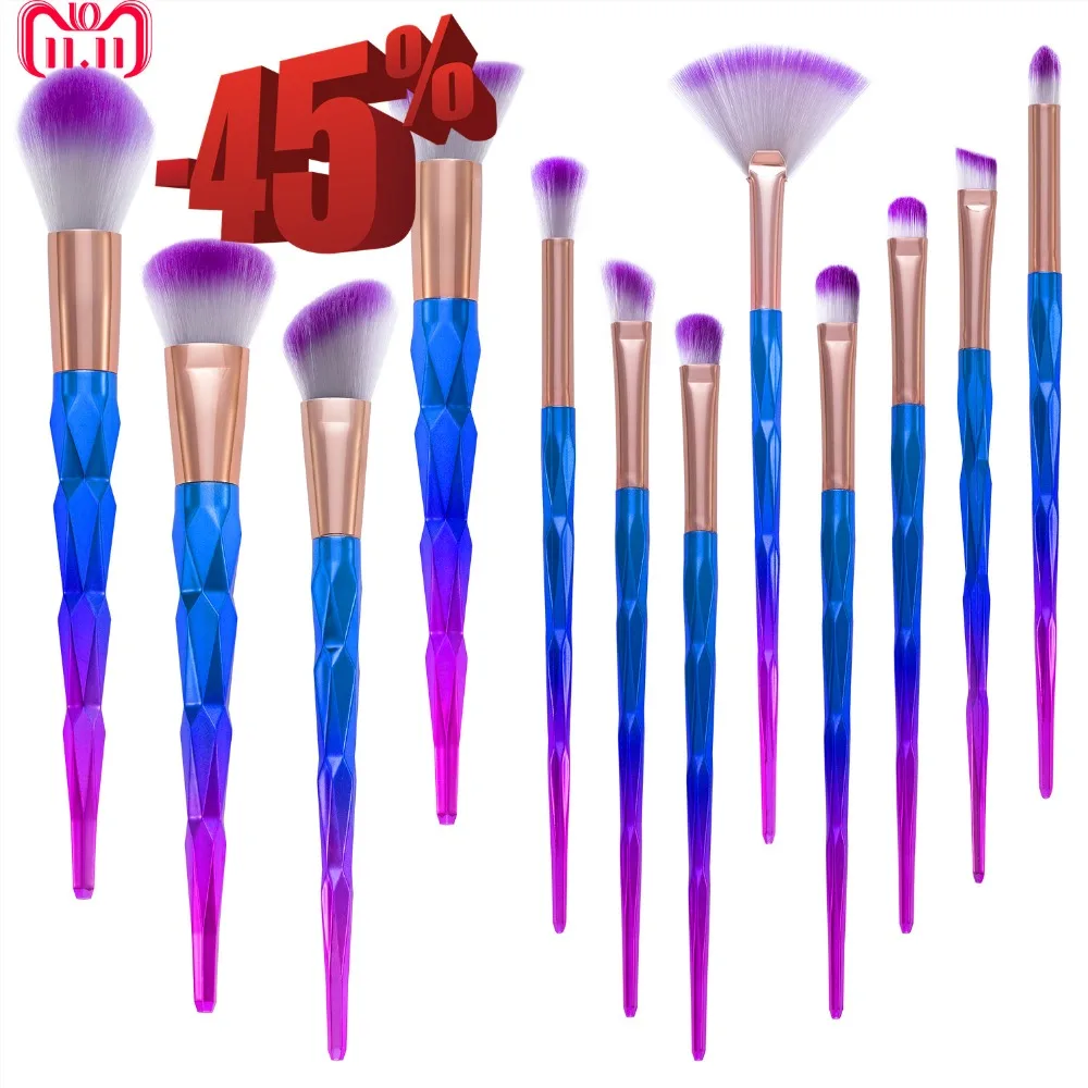 DE'LANCI 12PCS Makeup Brushes Fantasy Set Foundation Powder Eyeshadow Eyebrow Kit Rhinestone Gradient color makeup brush set