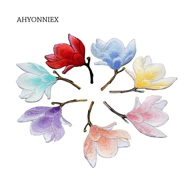 AHYONNIEX High Quality Magnolia Flower Patch Iron on Applique for Clothes Fabric Iron to Stick DIY Coat Jeans Accessories