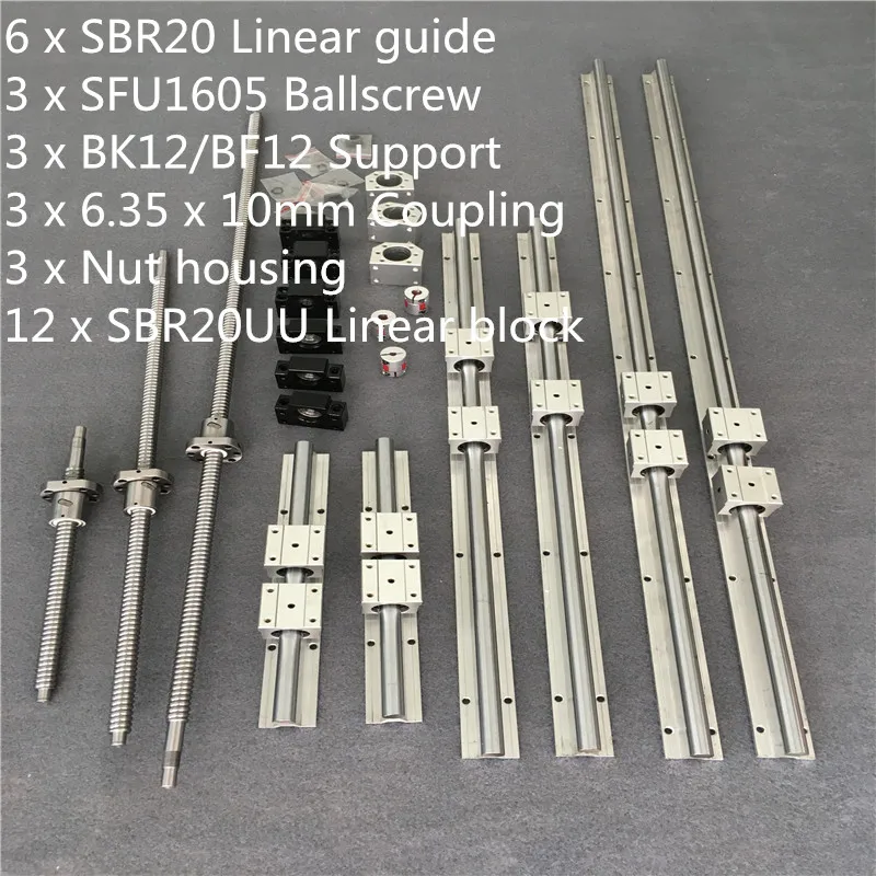 

6 комплектов линейных направляющих SBR20 + 3 комплекта шариковых винтов SFU1605- 400/750/800 + BK/BF12 + муфты для фрезерного станка с ЧПУ