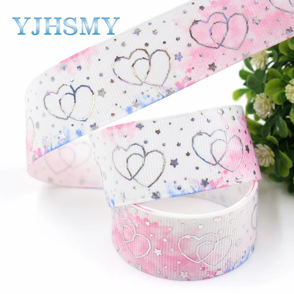 YJHSMY I-19326-787 25mm 10yards laser Silver cute cartoon love Printed grosgrain ribbon DIY handmade headdres wedding gift wrap