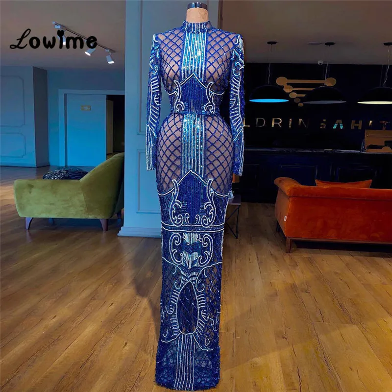 Royal Blue Long Sleeves Women Evening Dresses Arabic African Party Gown 2018 Robe De Soiree Couture Special Fabric Dubai Dresses