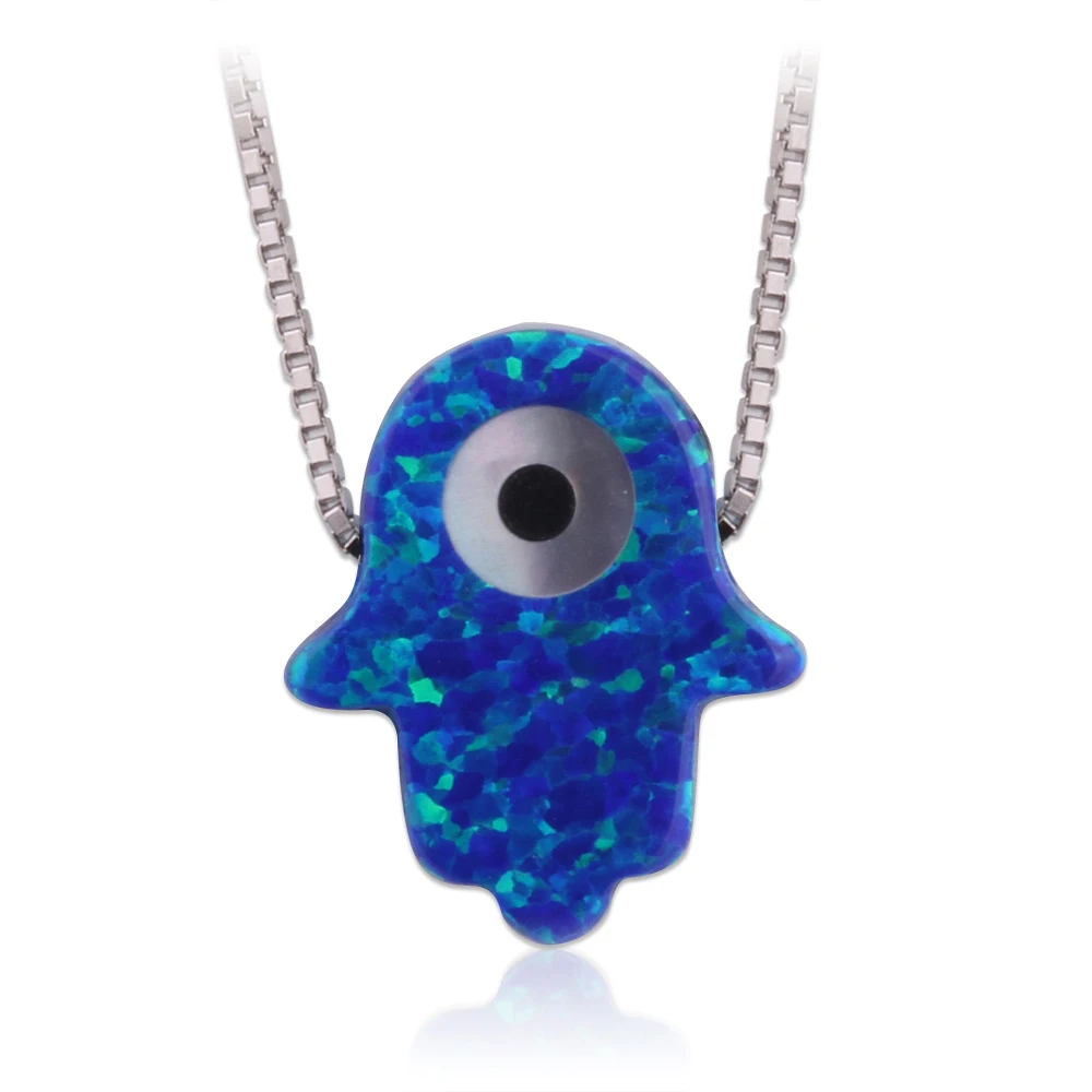 

11x13mm Hamsa with Eye Opal Necklace Silver Plated Box Chain Fatima Hand Jewelry