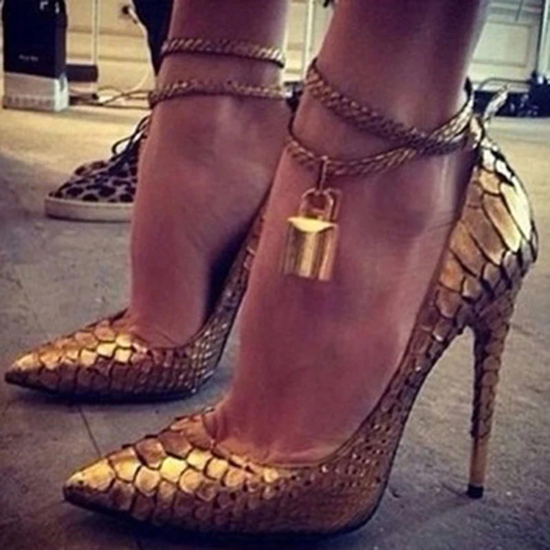 

Sexy Ladies Metallic Lock Decor Ankle Coiled Strap Bling Gold Snakeskin Dress Pumps Stiletto High Heels Pointed toe Women Shoes