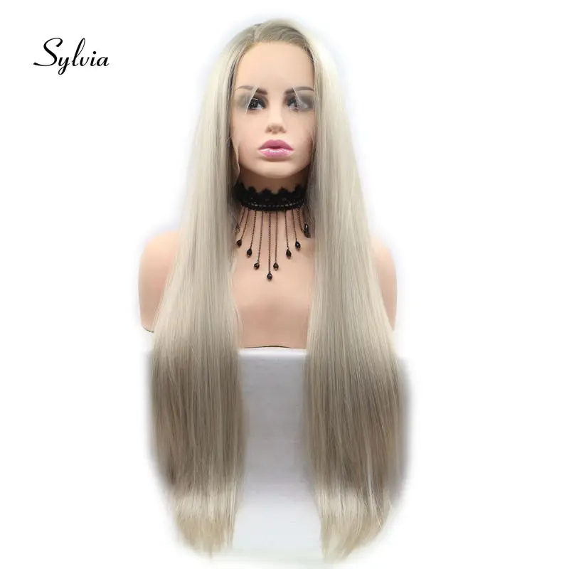 

Sylvia Blonde Synthetic Lace Front Wigs With Brown Roots Long Silky Straight Wigs For Women Heat Resistant Fiber Side Parting