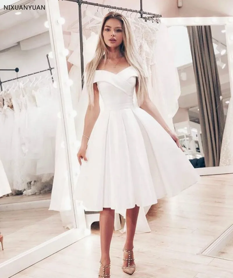 

Summer Off Shoulder Short Wedding Dress Simple Knee Length Satin Cheap 2021 New Arrival Bride Dresses White Bridal Gowns