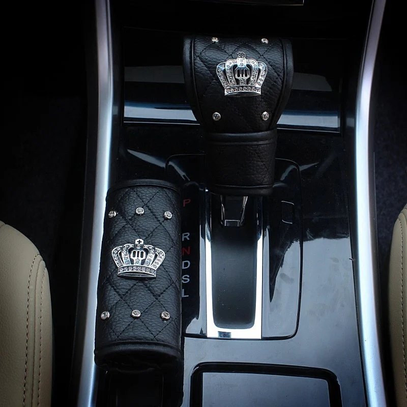 الموضة كريستال تاج الجلود سيارة والعتاد غطاء السيارات اليد الفرامل غطاء شيفتر والعتاد مقبض غطاء التصميم اكسسوارات السيارات الداخلية