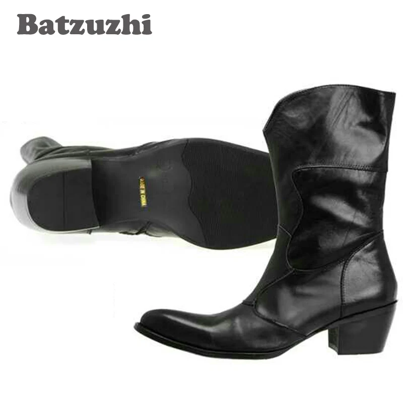 Batzuzhi Black Fashion Vintage Man Boots Pointed Toe Fashion Male Boots Increased High Heels Horsehair Genuine Leather Boots Men