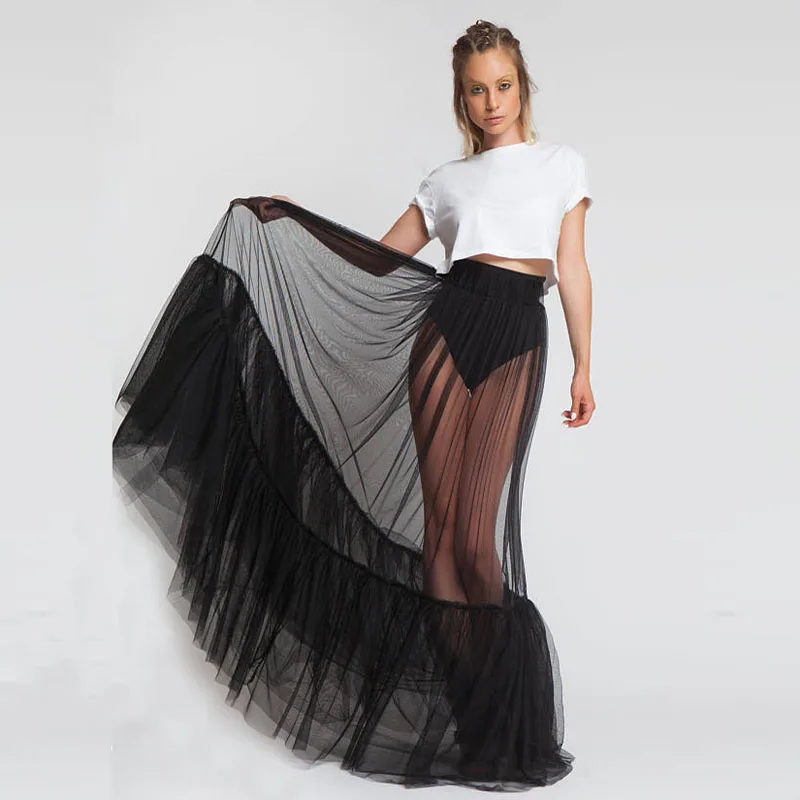 Sheer One Layer Black Maxi Skirt See Through Women Black Long Tulle Skirt with Unique Ruched Edge 2018 New Design NO LINING