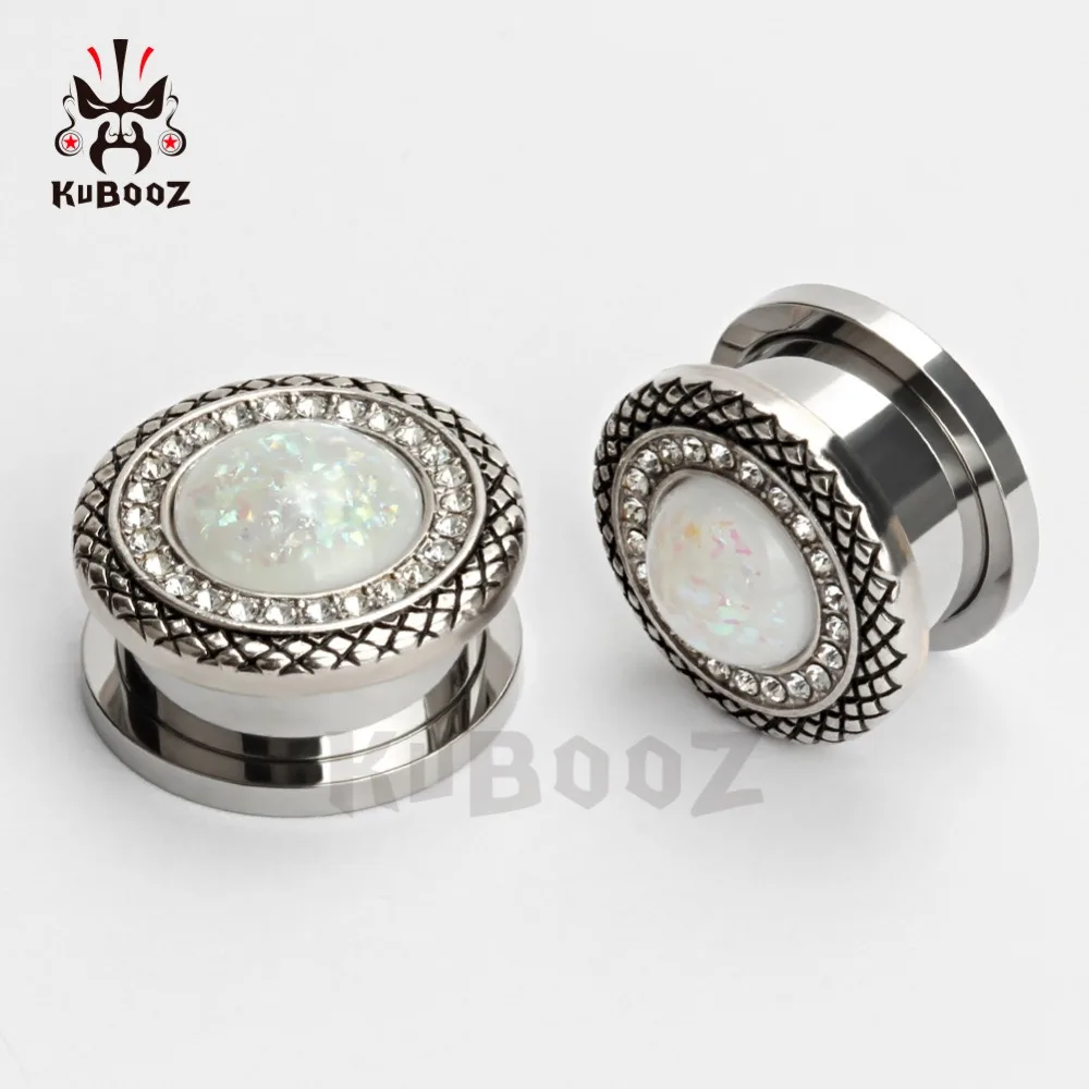 KUBOOZ Fashion Stainless Steel White Opal Border Ear Piercing Tunnels Plugs Gauges Body Jewelry Ear Expanders Stretchers 2PCS