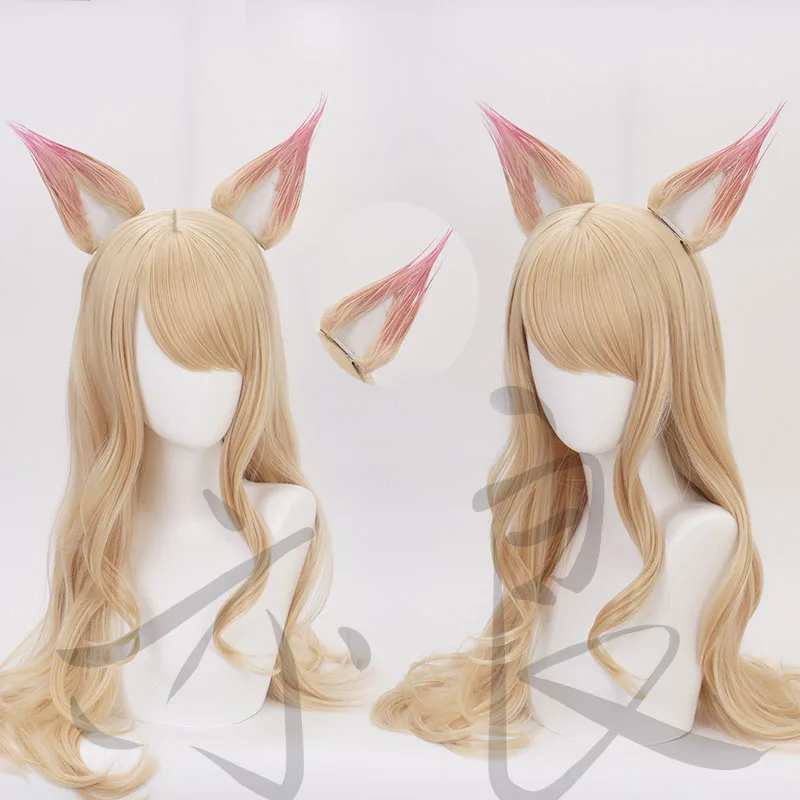 

LOL League of Legends KDA Ahri Cosplay Wig Long Straight Blonde Curly Synthetic Hair + Ears +Wig Cap