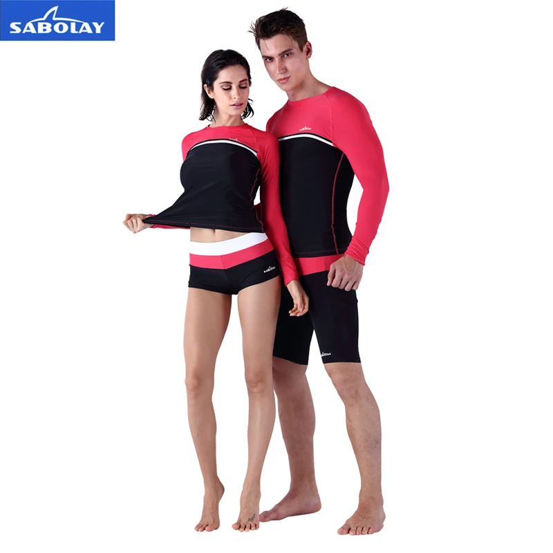 SABOLAY Men Women Couples Rash Guards Lycra Shirts Super Elastic Quick Dry Long Sleeve Lovers Shirt Shorts Beach Surfing Suit