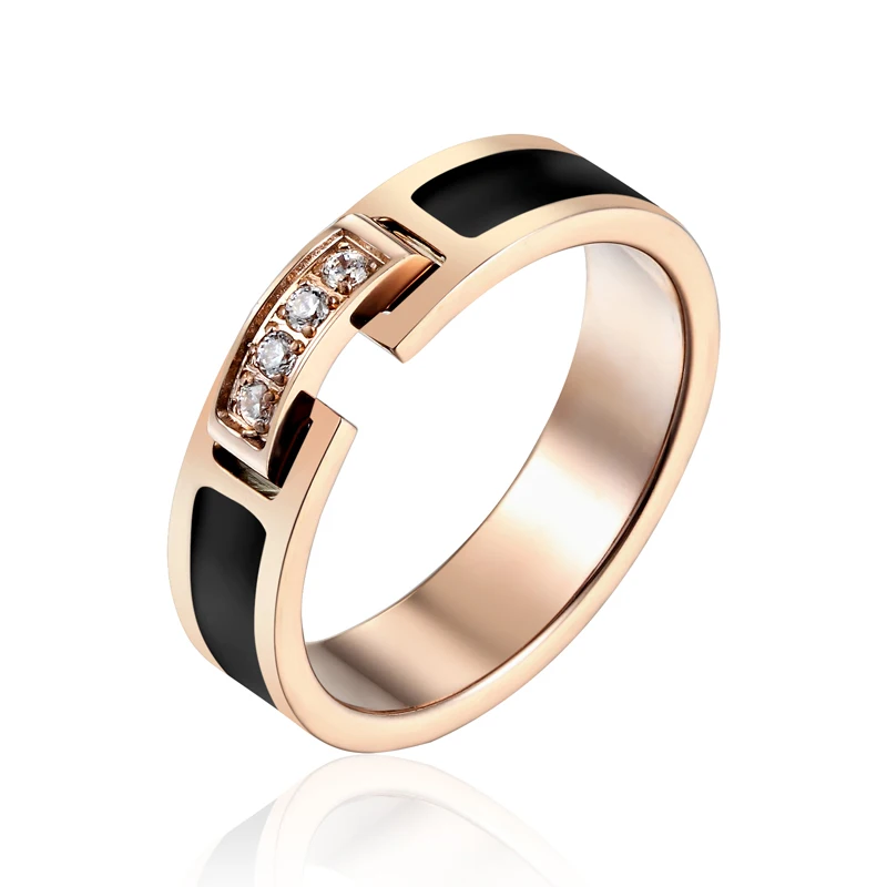 Hot Sale Classic Luxury Zircon Jewelry Black Elegant Love Ring Titanium Steel Rose Gold Color Brand Ring For Women