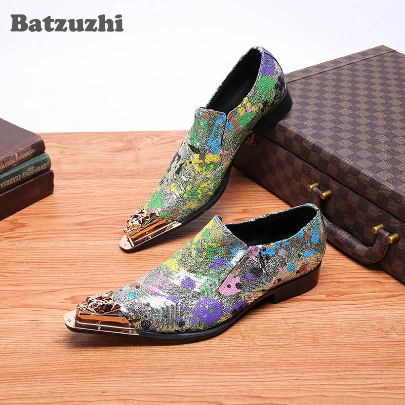 Batzuzhi Limited Men Shoes Metal Pointed Toe Business Dress Shoes Leather Sequin Slip on Hot Party and Wedding Men Shoes, US 12