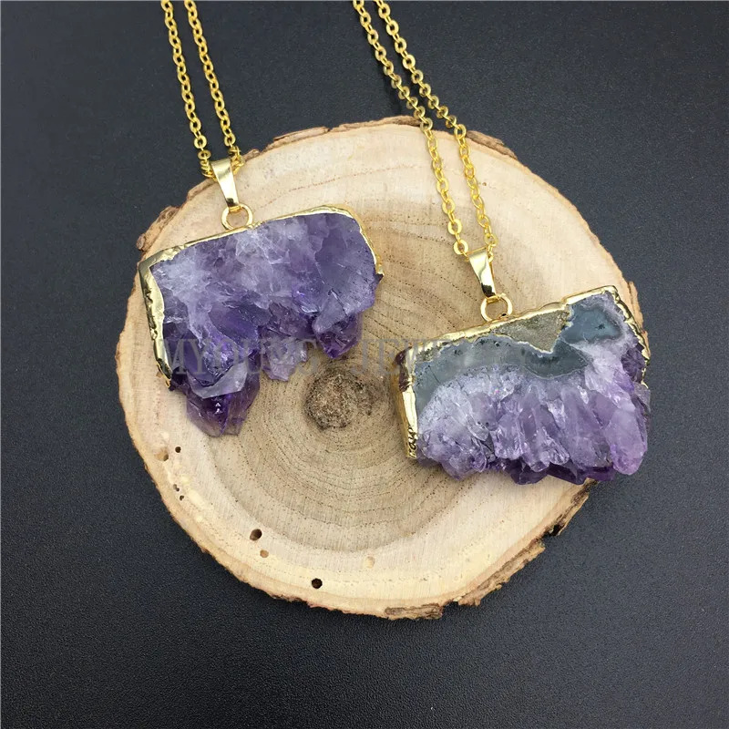 

MY0864 Purple Crystal Quartz Druzy Stalactite Slice Pendant Necklace,Amethysts Gold Electroplated Pendant Gold Chain Necklace