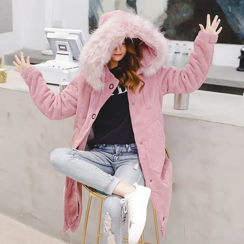 Winter Pink Long Parka Women 2019 Big Fur Collar Corduroy Cotton Coat Women Large Size Thick Cotton Jacket Winter Coat Women 5XL