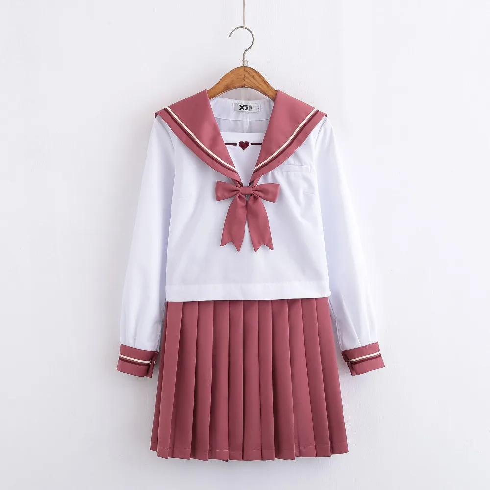 New School Uniforms For Girls Cupid Heart Embroidered Student Suit Long Sleeve Japanese Cosplay Jk College Sailor Uniform Pink