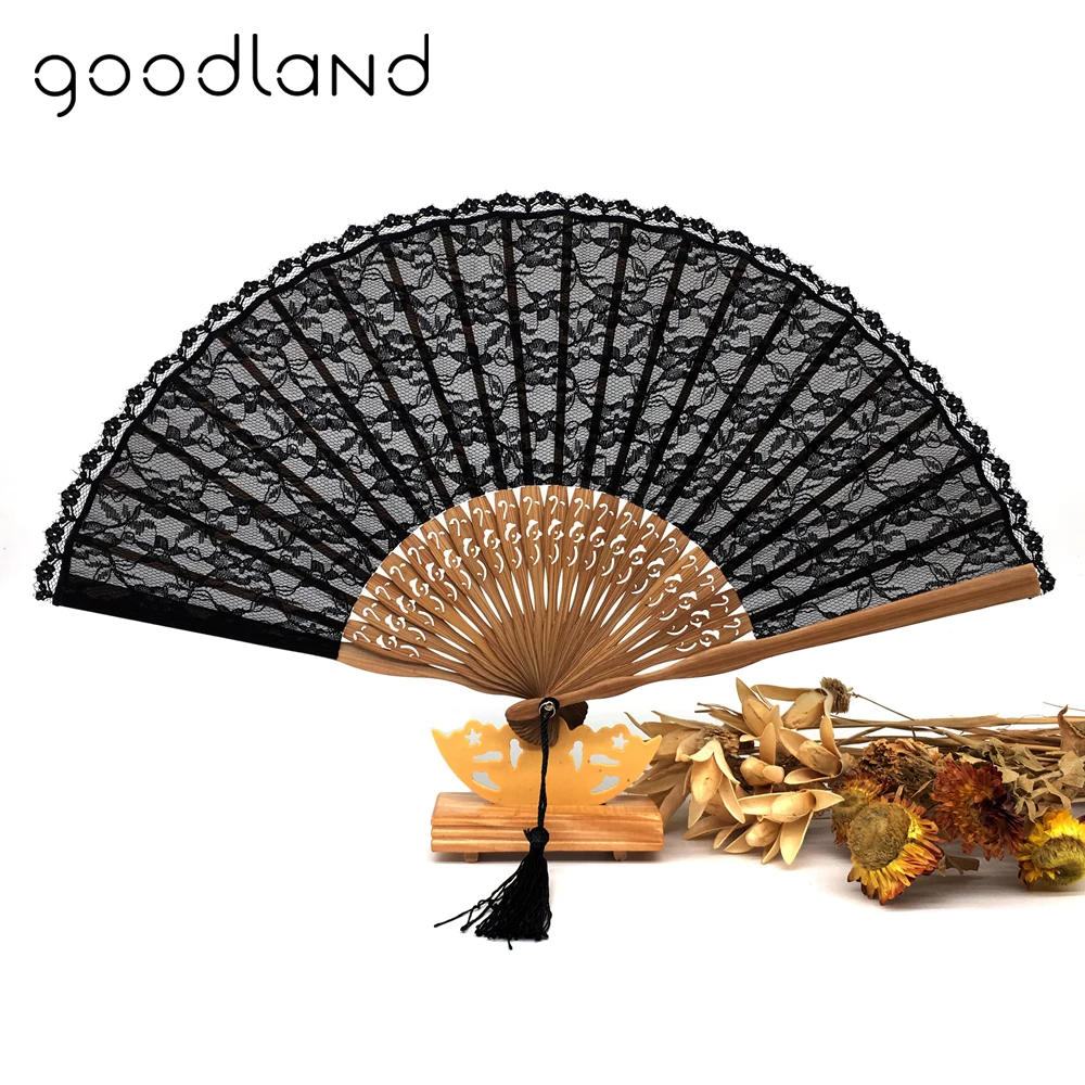 Free Shipping Wholesale 50pcs/lot Chinese Hand Fan Black Delicate with Tassel For Gift Folding Lace Hand Fan Dance Party