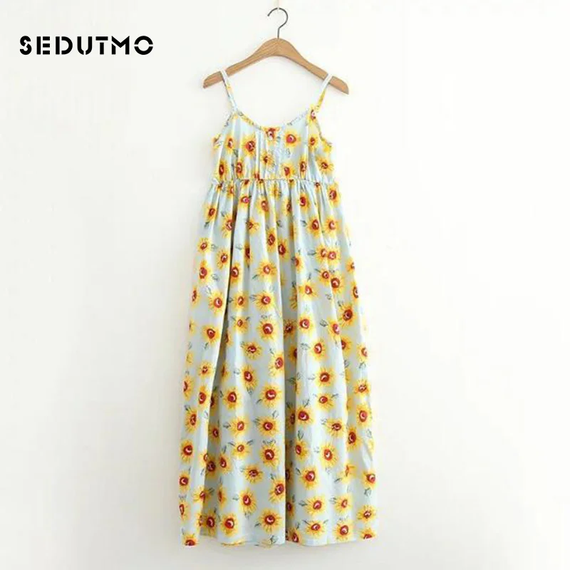 SEDUTMO Summer Tunic Long Dress Women Basic Spaghetti Strap Dresses Beach Print Floral Sexy Sundress Maxi Party Dress ED072