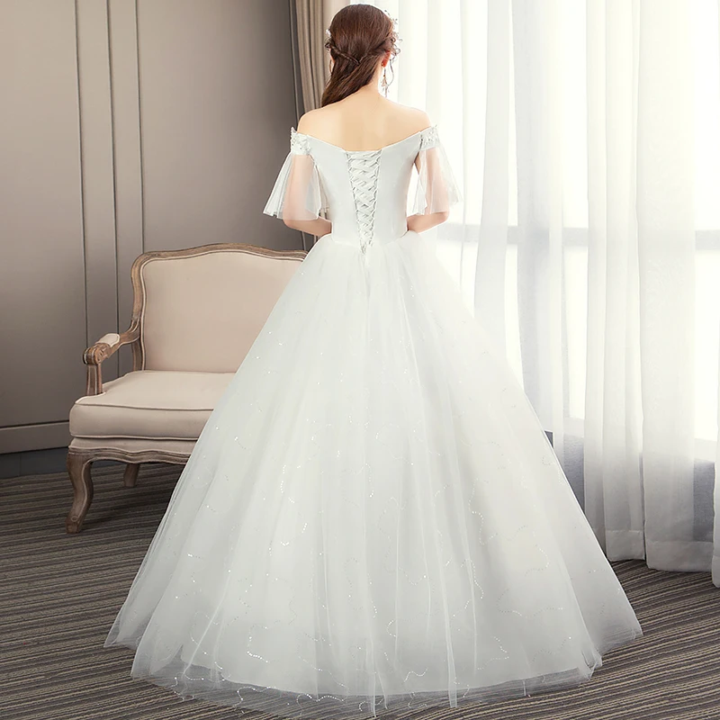 Exquisite Applique Ball Gowns off shoulder Sequined  V-neck Wedding Dresses Cap Sleeve Lace embroidery Bridal Dress Princess