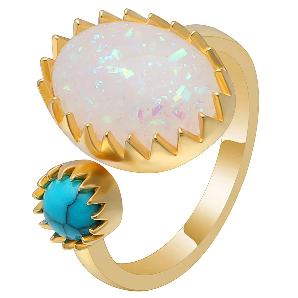 New Fashion Female CZ Fire Opal Ring Jewelry Gold Color Beautiful Opal & Blue Stone Crown Oval Ring For Women Charm Custom Ring