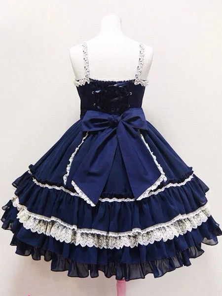 Vestido de Lolita azul profundo JSK, vestido de Lolita de algodón con volantes escalonados, sin mangas, estampado de flor de ciruelo