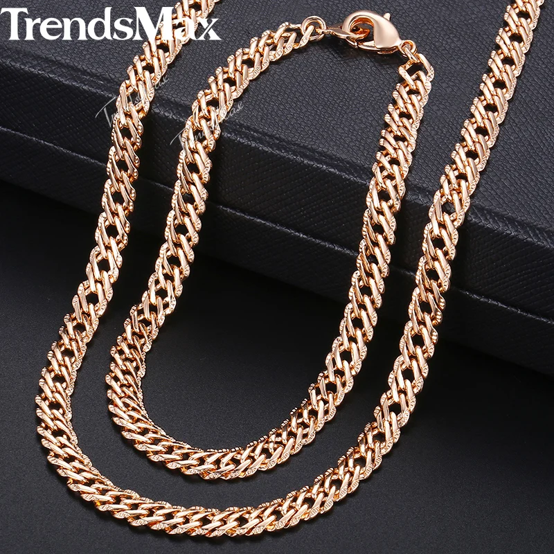 Womens Jewelry Set 585 Rose Gold Color Bracelet Necklace Set Hammered Venitian Chain Wholesale Dropshipping Jewelry  5.5mm KCS03