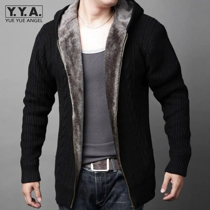 

New Arrival Mens Cardigans Sweaters Casual Hooded Zipper Mens Sweaters Winter Warm Thicken Fur Lining Hombre Knitwear