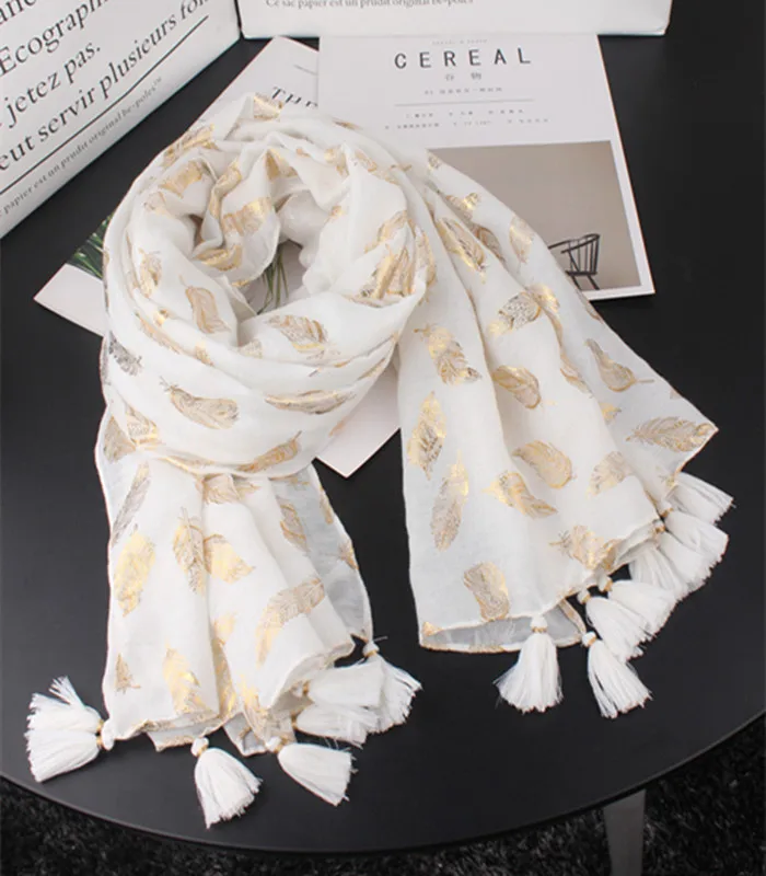 

2018 Newest Gold Feather Foil Tassel Scarf Women Beautiful Feather Print Gold Foil Scarves Shawls Wrap Hijab Free Shipping