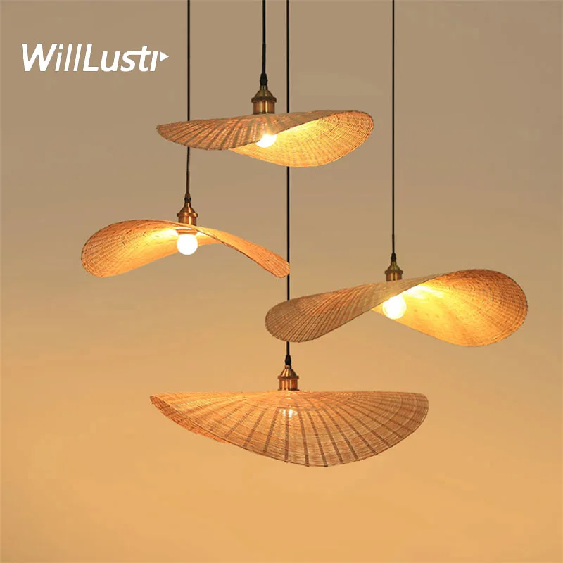 

Creative Bamboo Pendant Light China Style Leaf Lamp Hotel Restaurant Cafe Mall Bedroom Hand Knitted Suspension Hanging Lighting