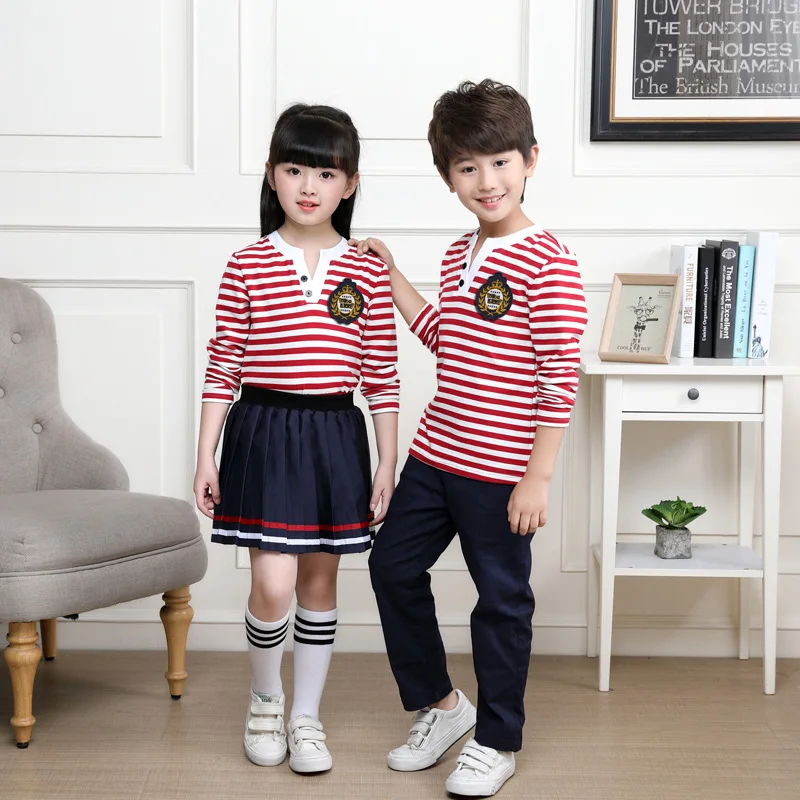 

Kids Neutral Pink Striped School Uniform Boys Girls Summer Skirt Shirts Kindergarten Uniforms Children Nursery Suit D-0516