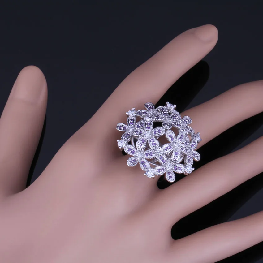 Brilliant Huge Flower Purple Cubic Zirconia White CZ Silver Plated Ring V0523