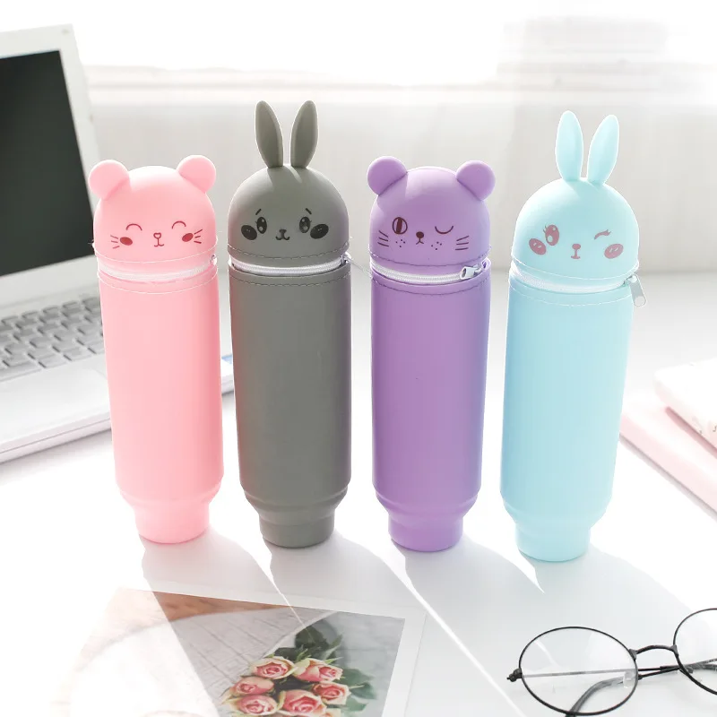 Cute Cartoon Pencil Bag Jelly Color Silicon Pensil Case Kawaii Stationery Pen Holder Stand Up Penzil Box INS Xmas Gift Organizer