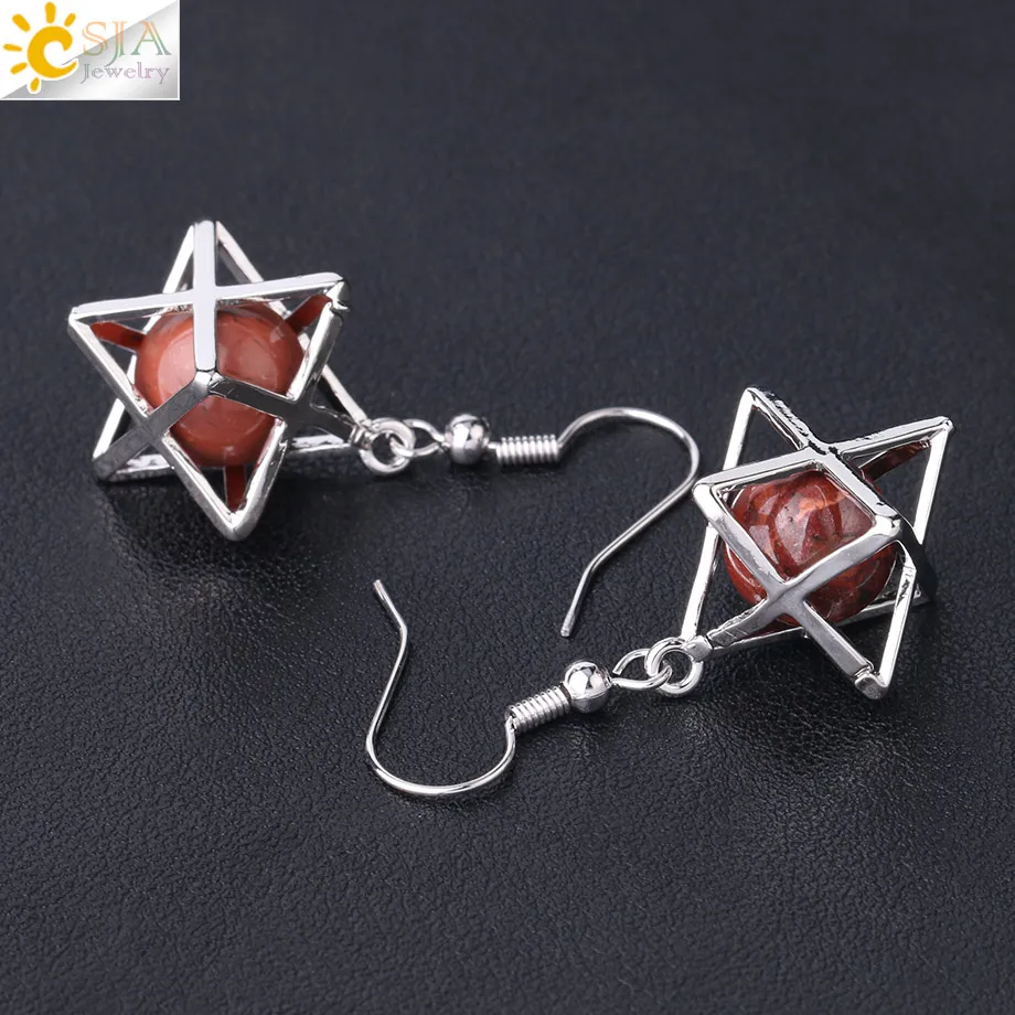 CSJA Natural Stone Hexagram Earrings Merkaba Hollow Star Purple Crystal Round Bead Drop Earring Reiki Fashion Women Jewelry F878
