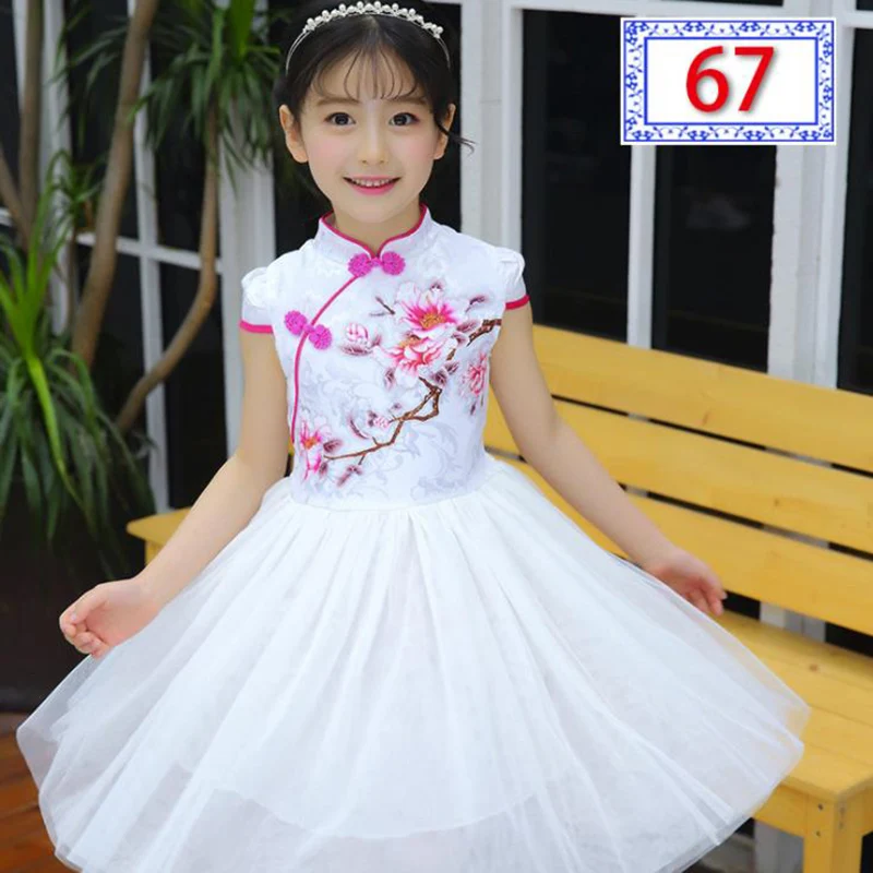 Chinese Style New Summer Girls Kids Embroidered Cheongsam Dress With Short Sleeve Baby Girl Tulle Dress Children Clothes 3-14 ye