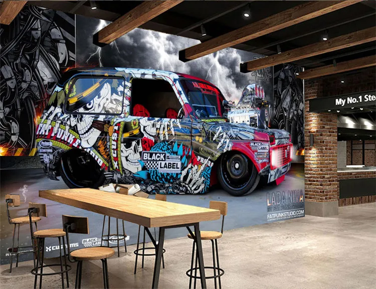 Custom 3D Poster Wallpaper Personality Retro Black and White Graffiti Car Cafe Bar ktv3d Space Wallpapers Internet Background