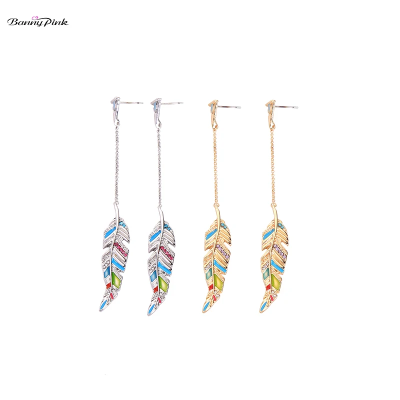 Banny Pink Vacation Enamel Feather Stud Earrings For Women Bohemia Leaf Pendant Pin Earrings Long Earrings Brincos