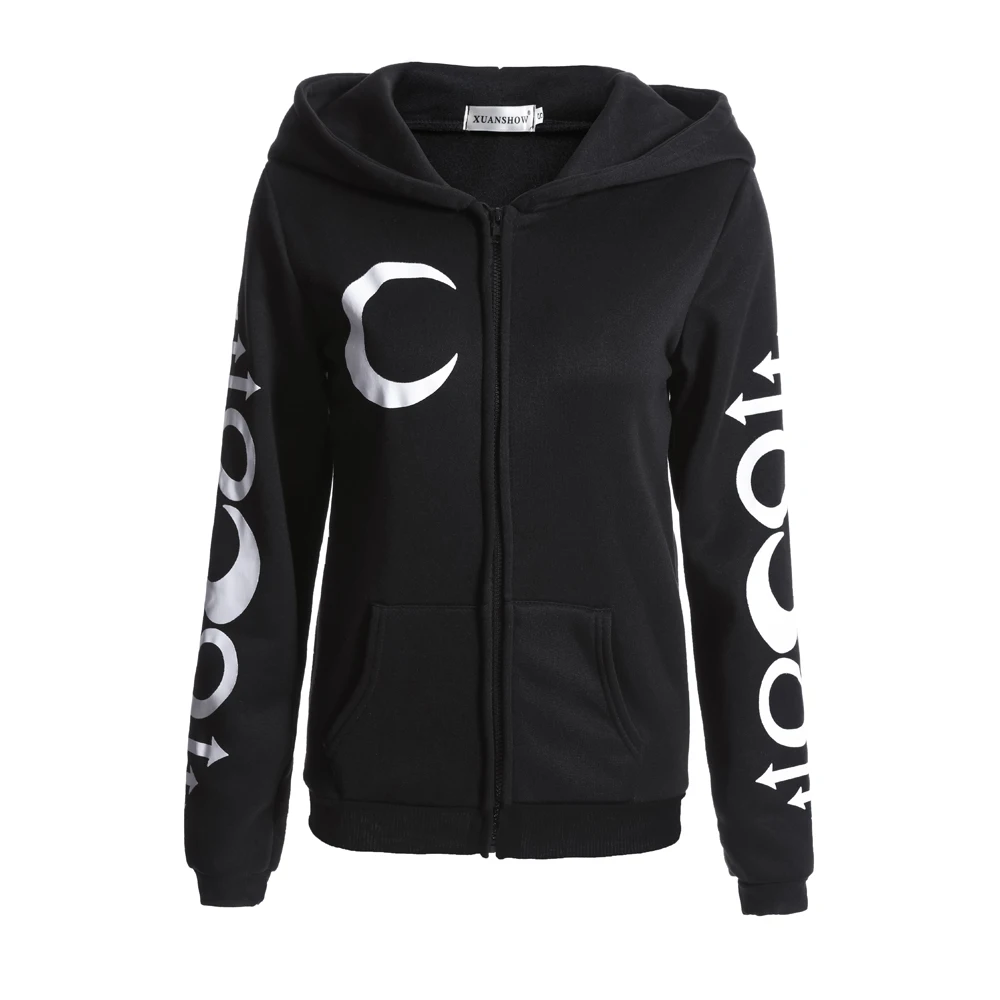 Damen Gothic Punk Hoodie Sweatshirt mit Mond-Buchstaben-Print, Langarm-Reißverschlussjacke, Herbst-Winter-Mode Streetwear – Detail 8